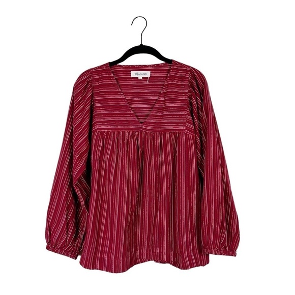Madewell Swingy Peasant Top in Metallic Stripe V-Neck Red Cotton Size Small - Picture 1 of 9